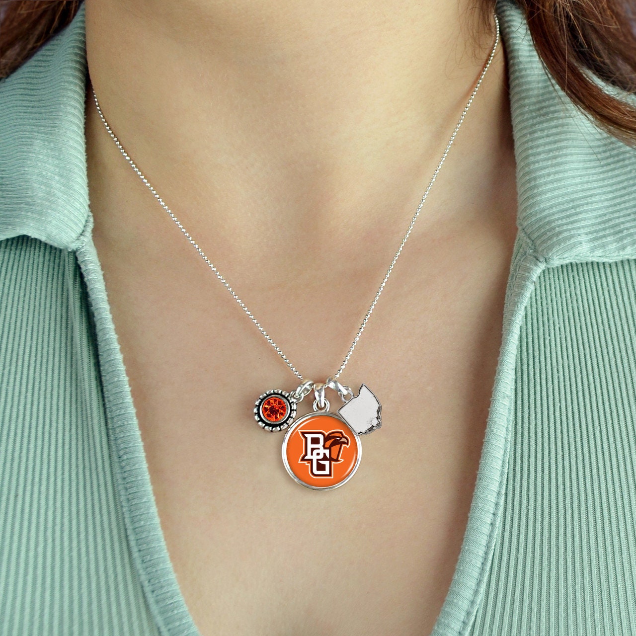 Officially Licensed BOWLING GREEN STATE Falcons Necklace - Triple Charm Necklace with Crystal Ohio State Pewter Charms Sterling Plated