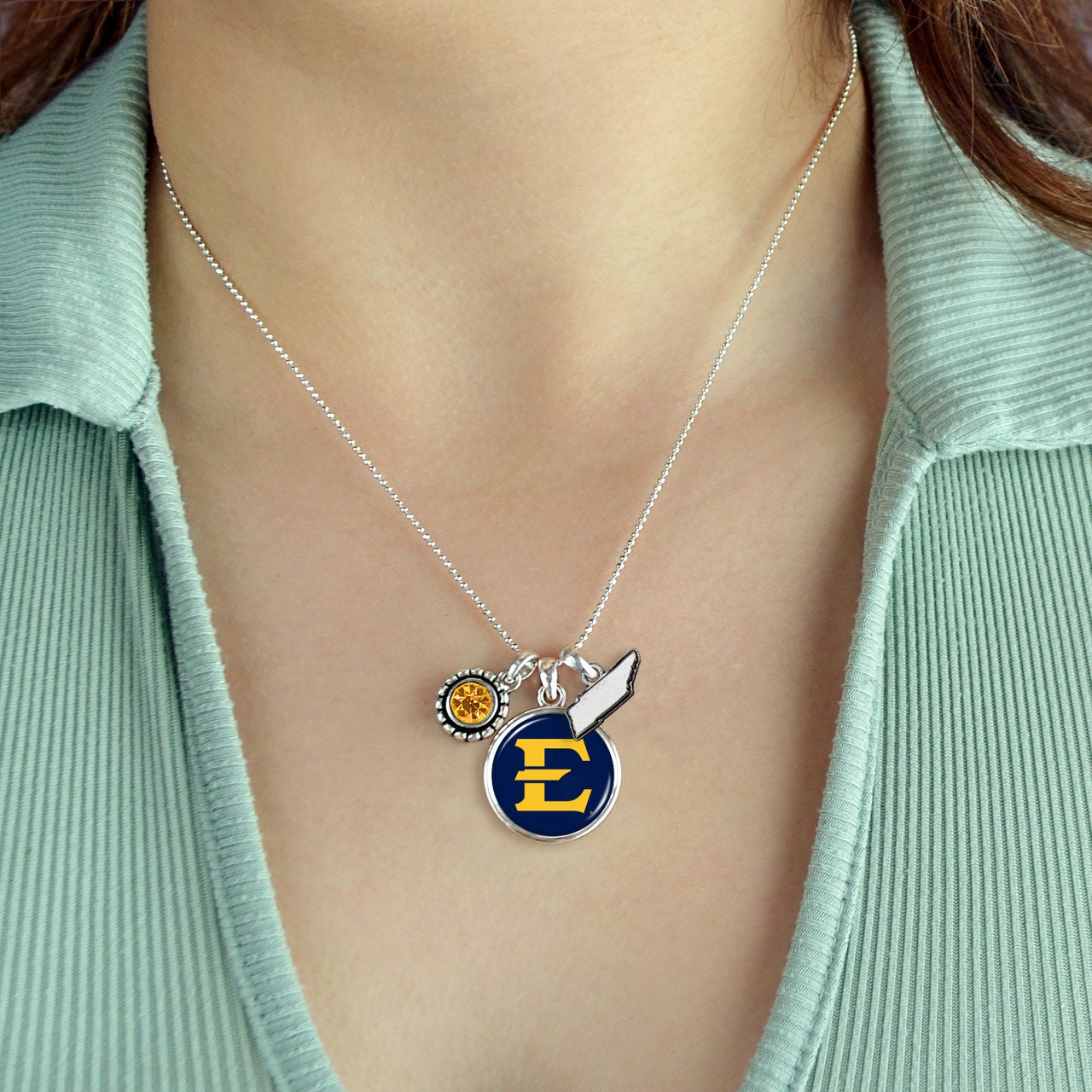 Officially Licensed EAST TENNESSEE BUCCANEERS Necklace - Triple Charm Necklace with Crystal Tennessee State Pewter Charms Sterling Plated