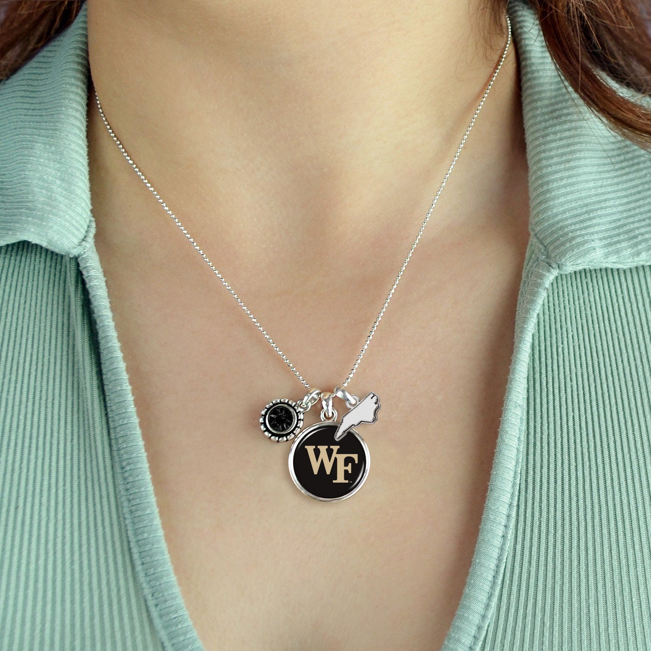 Officially Licensed WAKE FOREST Demon Deacons Necklace - Triple Charm Necklace Crystal North Carolina State Pewter Charms Sterling Plated