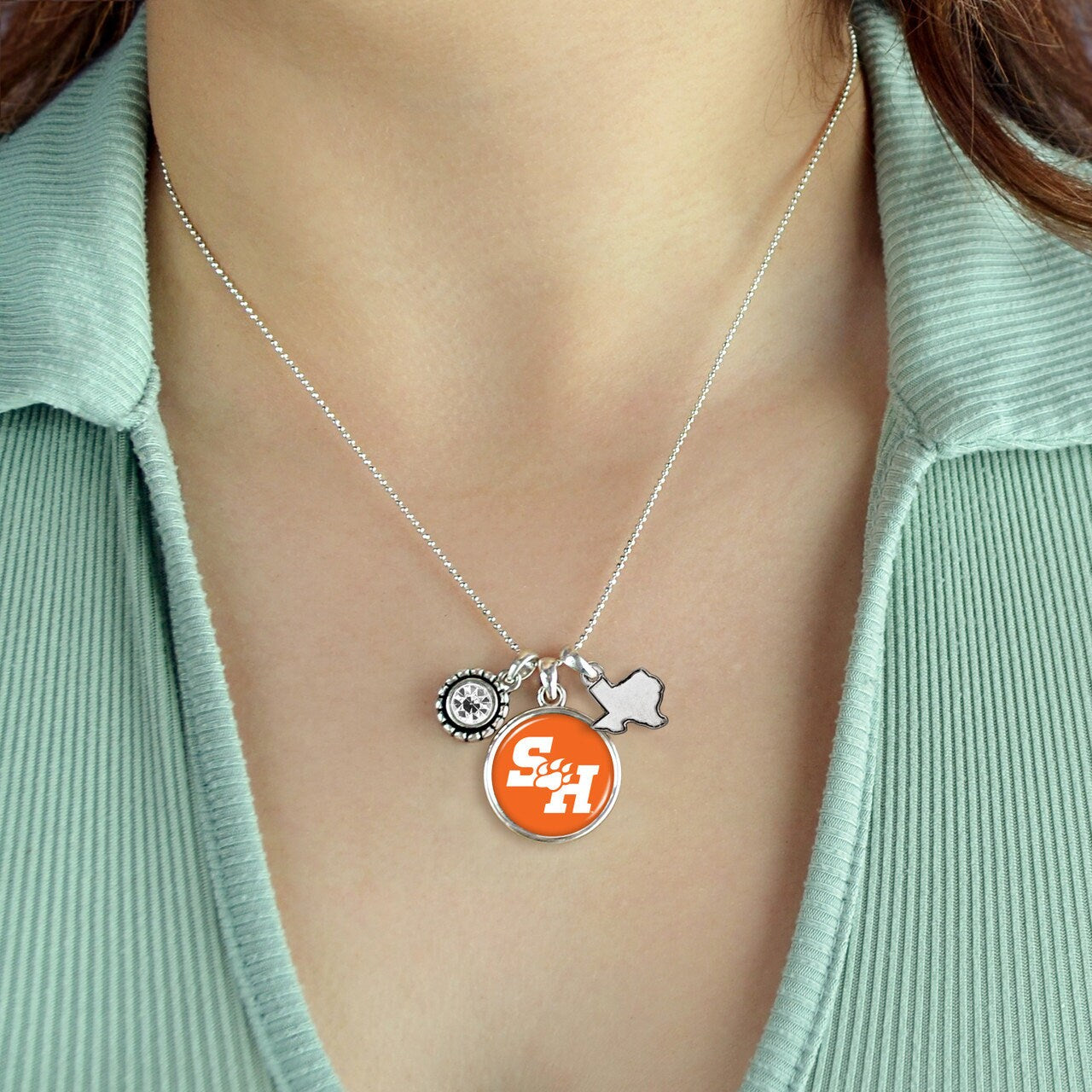 Officially Licensed SAM HOUSTON BEARKATS Necklace - Triple Charm Necklace with Crystal Texas State Pewter Charms Sterling Plated