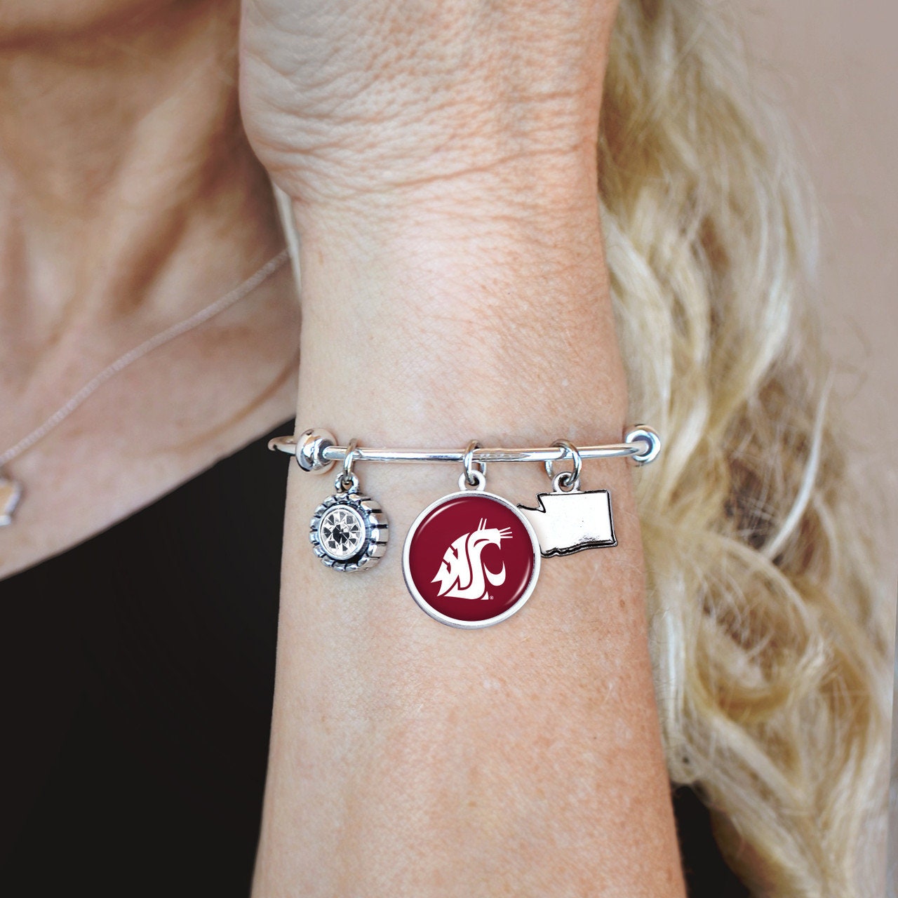 Officially Licensed WASHINGTON STATE COUGARS Bracelet - Triple Charm Bracelet with Crystal Washington State Pewter Charms Sterling Plated