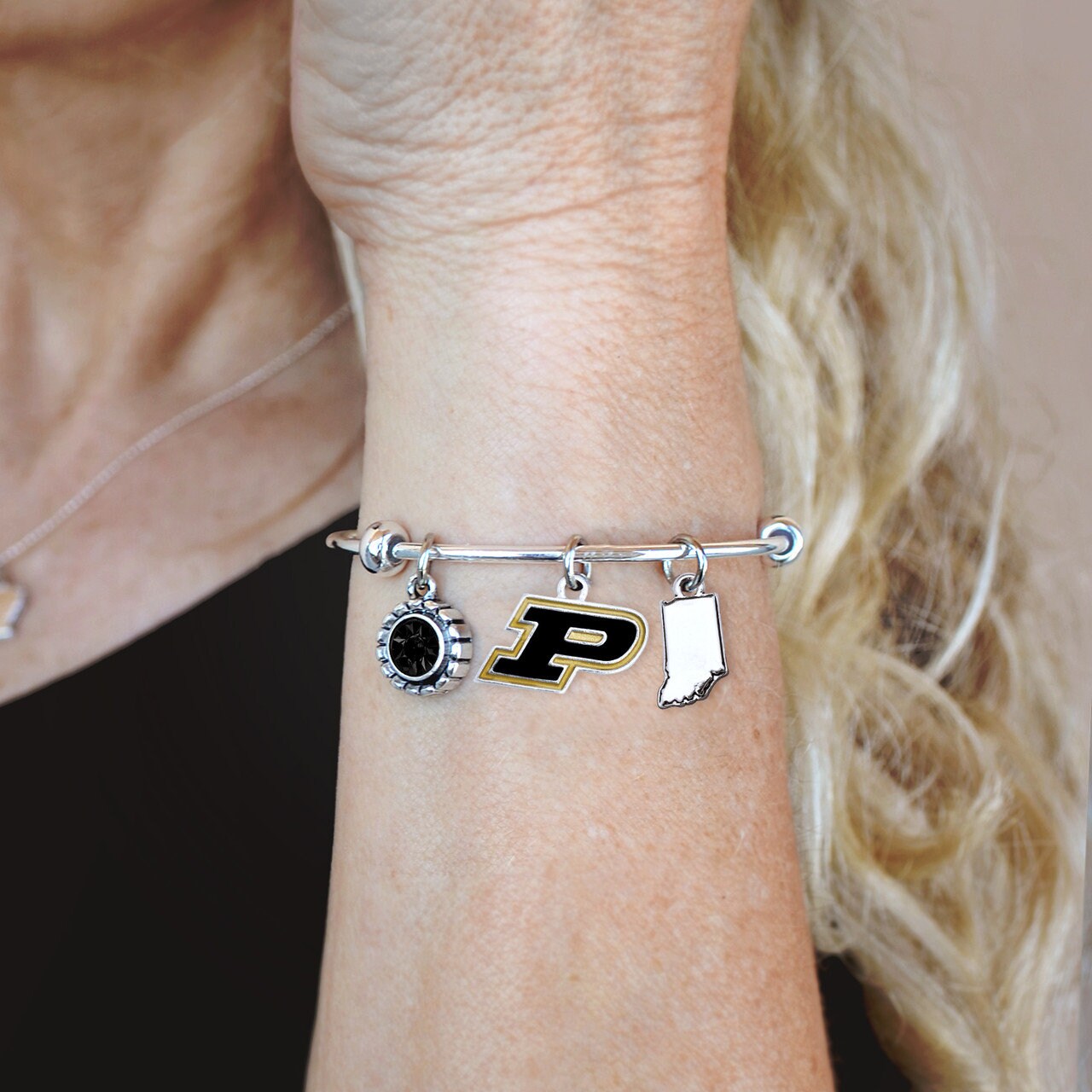 Officially Licensed PURDUE BOILERMAKERS Bracelet - Triple Charm Bracelet with Crystal Indiana State Pewter Charms Sterling Plated