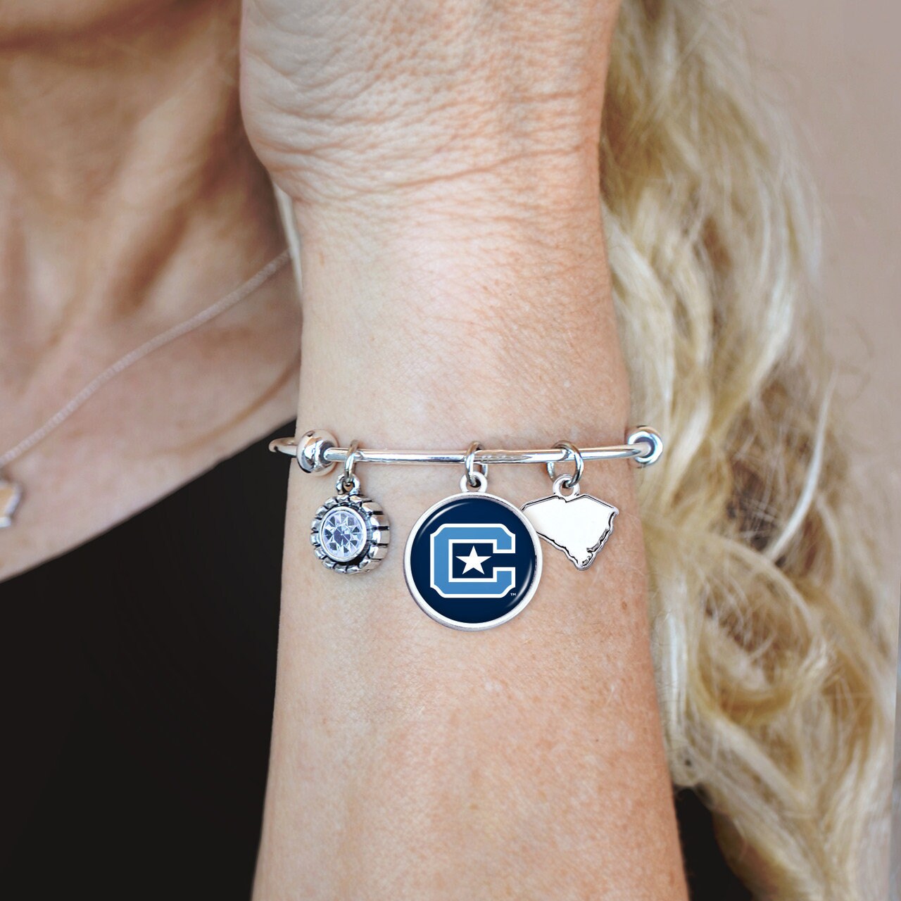 Officially Licensed THE CITADEL BULLDOGS Bracelet - Triple Charm Bracelet with Crystal South Carolina State Pewter Charms Sterling Plated