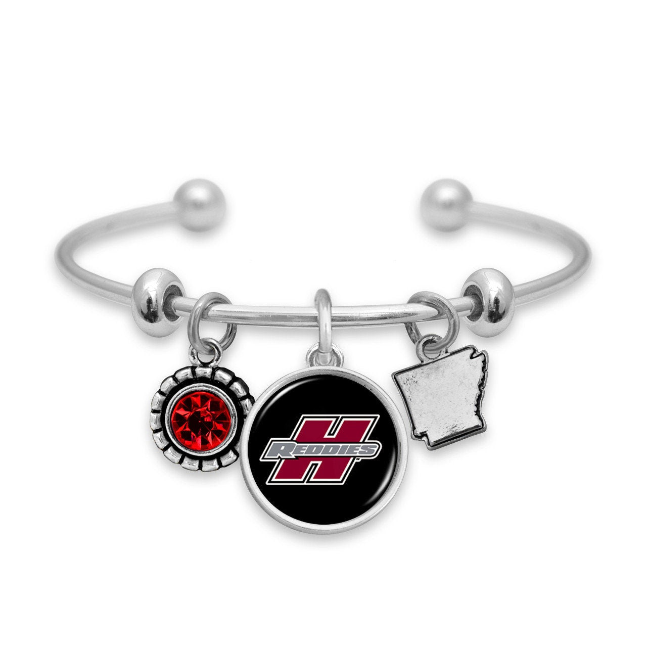 Officially Licensed HENDERSON STATE REDDIES Bracelet - Triple Charm Bracelet with Crystal Arkansas State Pewter Charms Sterling Plated