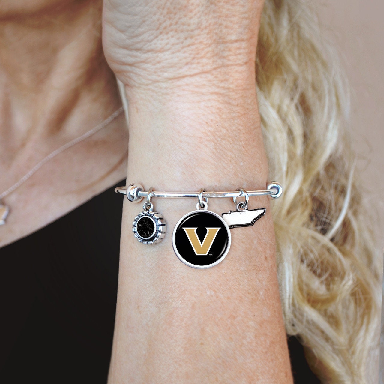 Officially Licensed VANDERBILT COMMODORES Bracelet - Triple Charm Bracelet with Crystal Tennessee State Pewter Charms Sterling Plated