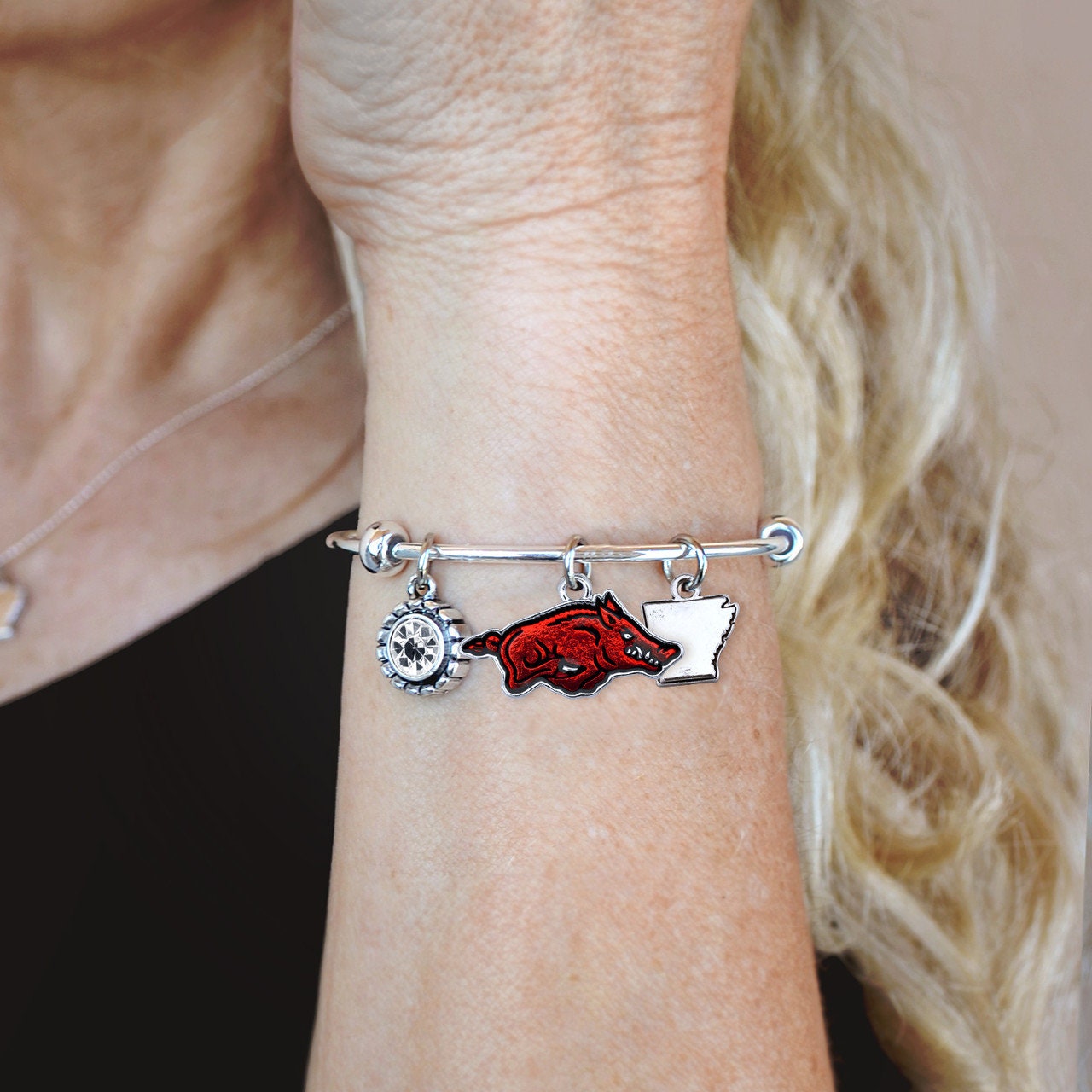 Officially Licensed ARKANSAS RAZORBACKS Bracelet - Triple Charm Bracelet with Crystal Arkansas State Pewter Charms Sterling Plated