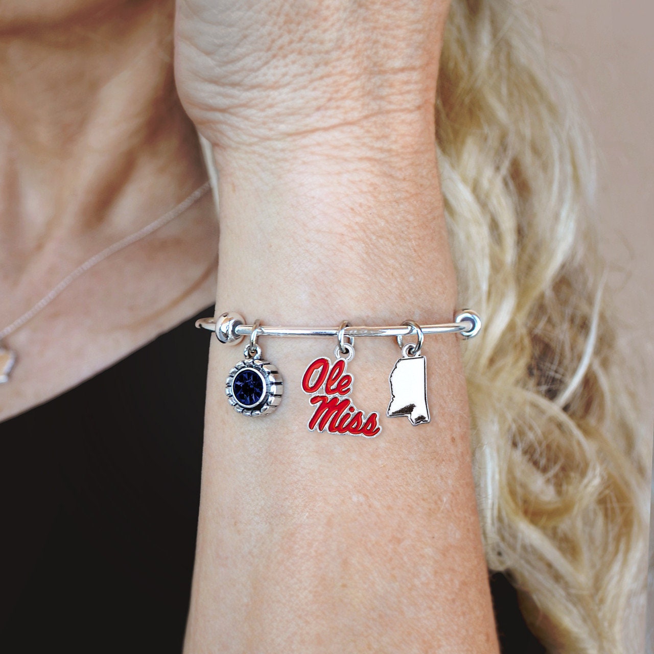 Officially Licensed OLE MISS REBELS Bracelet - Triple Charm Bracelet with Crystal Mississippi State Pewter Charms Sterling Plated