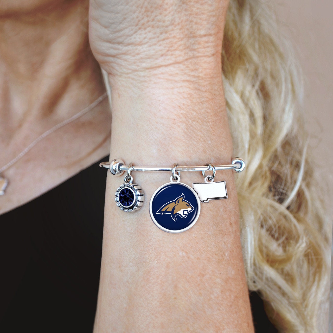 Officially Licensed MONTANA BOBCATS Bracelet - Triple Charm Bracelet with Crystal Montana State Pewter Charms Sterling Plated