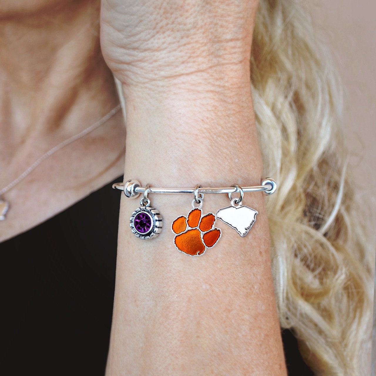 Officially Licensed CLEMSON TIGERS Bracelet - Triple Charm Bracelet with Crystal South Carolina State Pewter Charms Sterling Plated