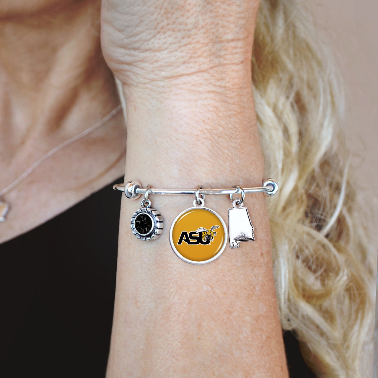 Officially Licensed ALABAMA HORNETS Bracelet - Triple Charm Bracelet with Crystal Alabama State Pewter Charms Sterling Plated