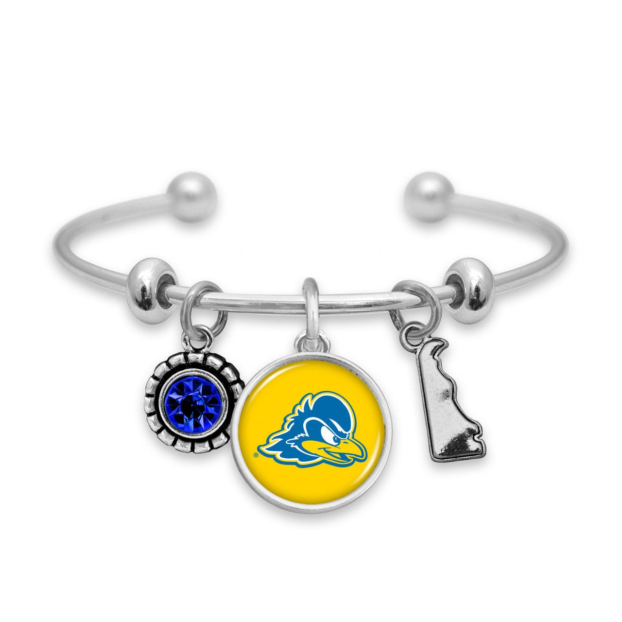 Officially Licensed DELAWARE BLUE HENS Bracelet - Triple Charm Bracelet with Crystal Delaware State Pewter Charms Sterling Plated