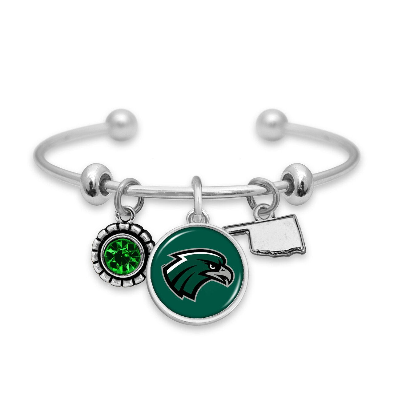 Officially Licensed NORTHEASTERN STATE RIVERHAWKS Bracelet - Triple Charm Bracelet with Crystal Oklahoma State Pewter Charms Sterling Plated