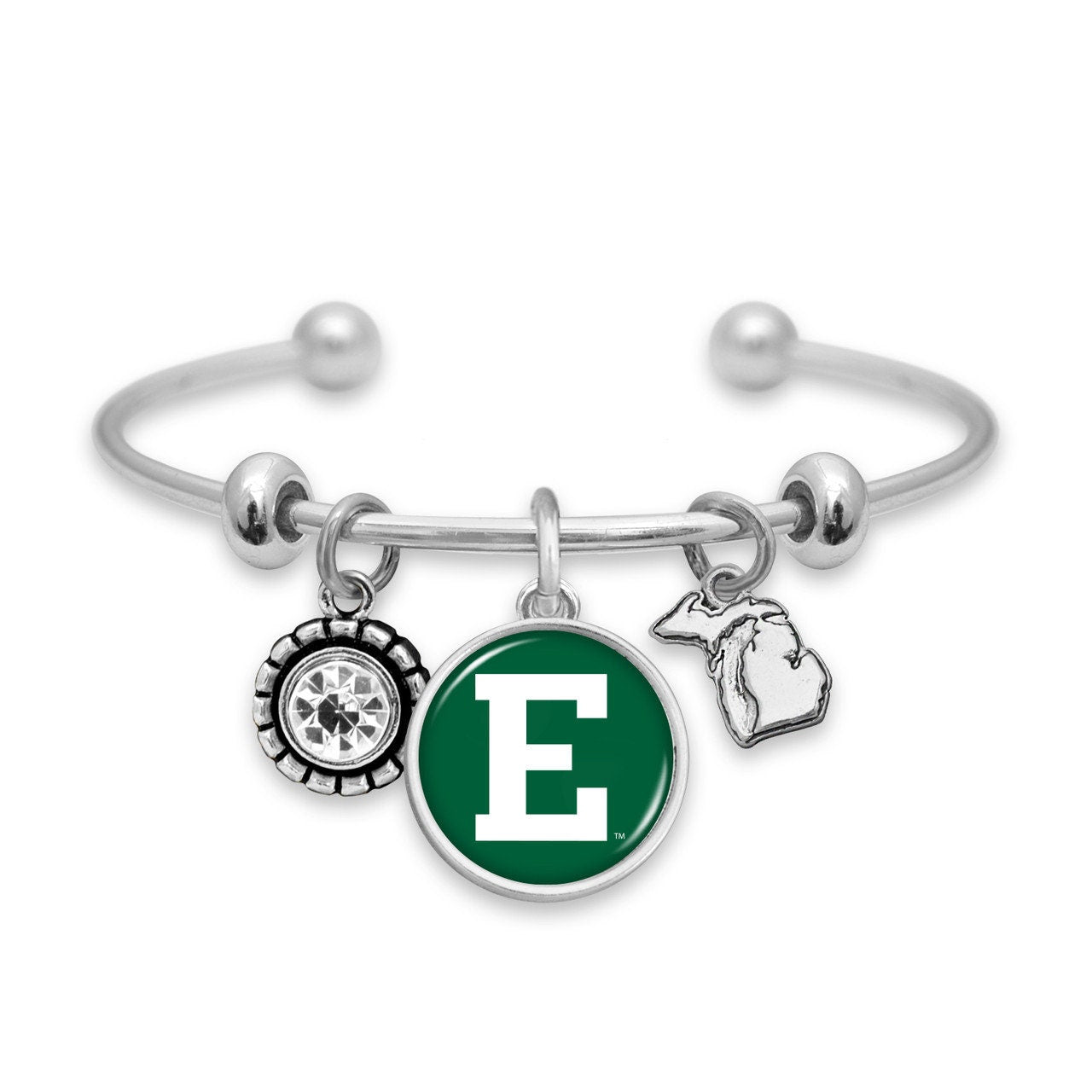 Officially Licensed EASTERN MICHIGAN EAGLES Bracelet - Triple Charm Bracelet with Crystal Michigan State Pewter Charms Sterling Plated