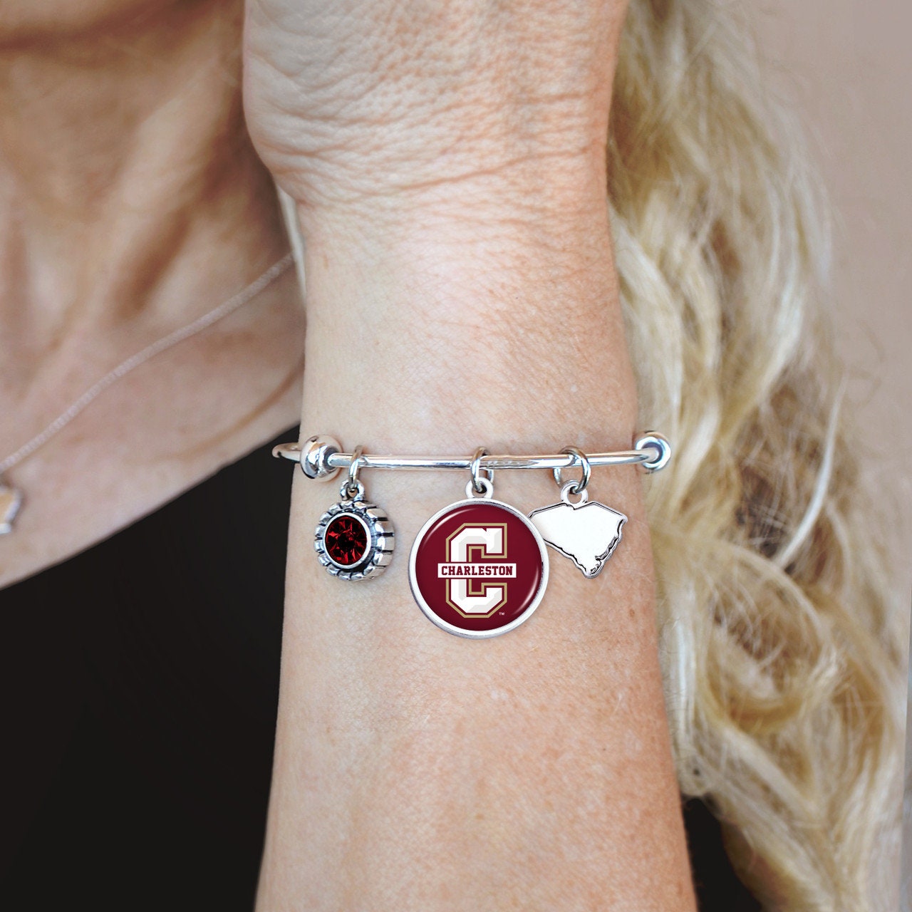 Officially Licensed CHARLESTON COUGARS Bracelet - Triple Charm Bracelet with Crystal South Carolina State Pewter Charms Sterling Plated