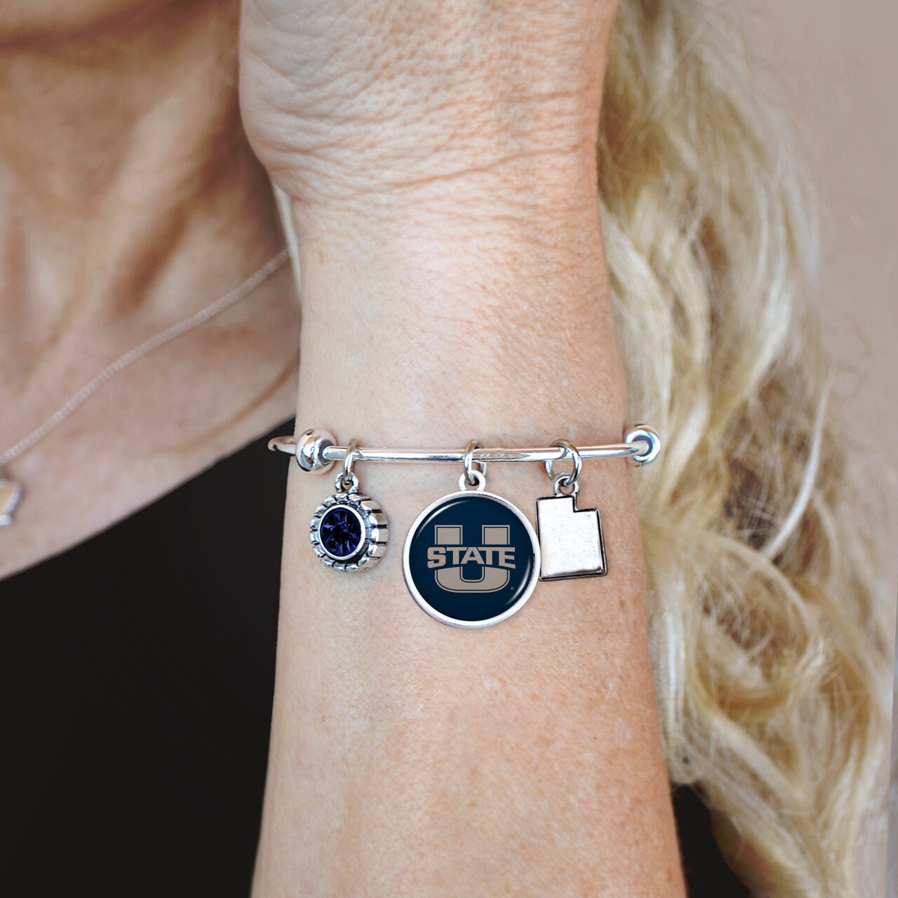 Officially Licensed UTAH STATE AGGIES Bracelet - Triple Charm Bracelet with Crystal Utah State Pewter Charms Sterling Plated