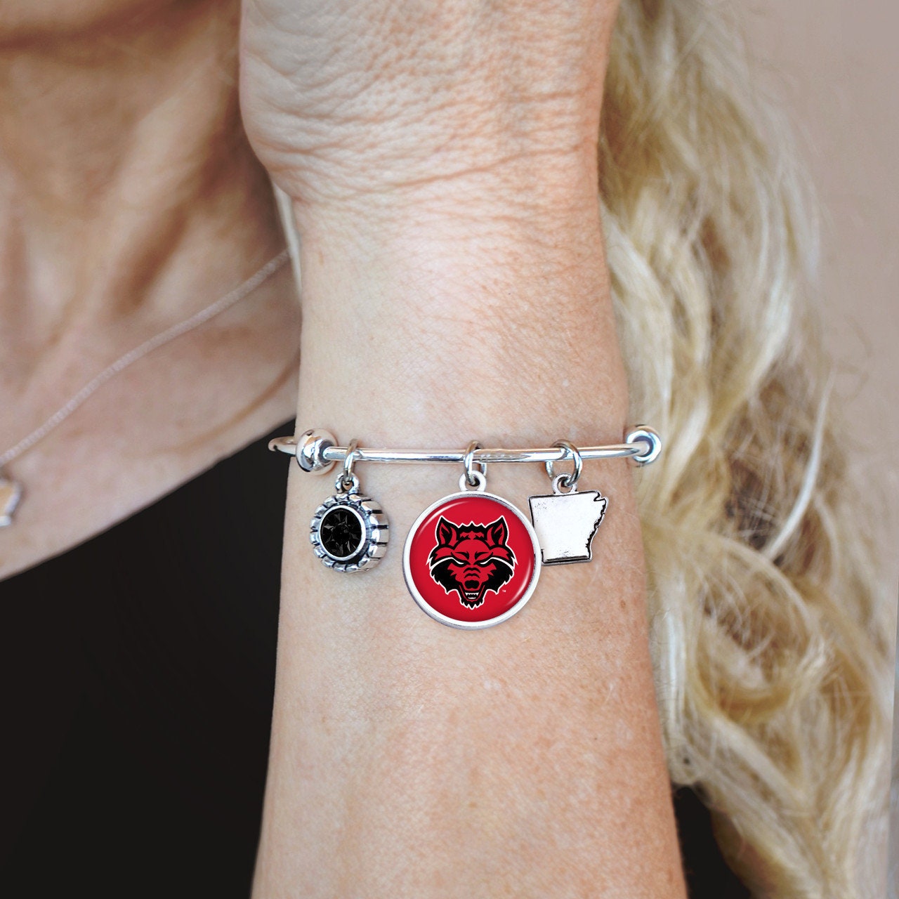 Officially Licensed ARKANSAS STATE Red Wolves Bracelet - Triple Charm Bracelet with Crystal Arkansas State Pewter Charms Sterling Plated