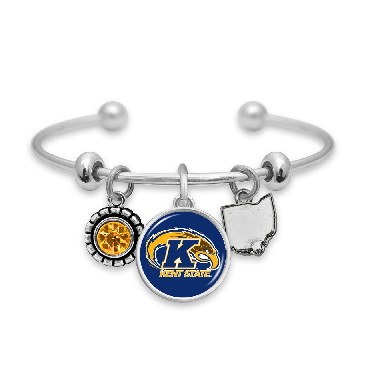 Officially Licensed KENT STATE Golden Flashes Bracelet - Triple Charm Bracelet with Crystal Ohio State Pewter Charms Sterling Plated