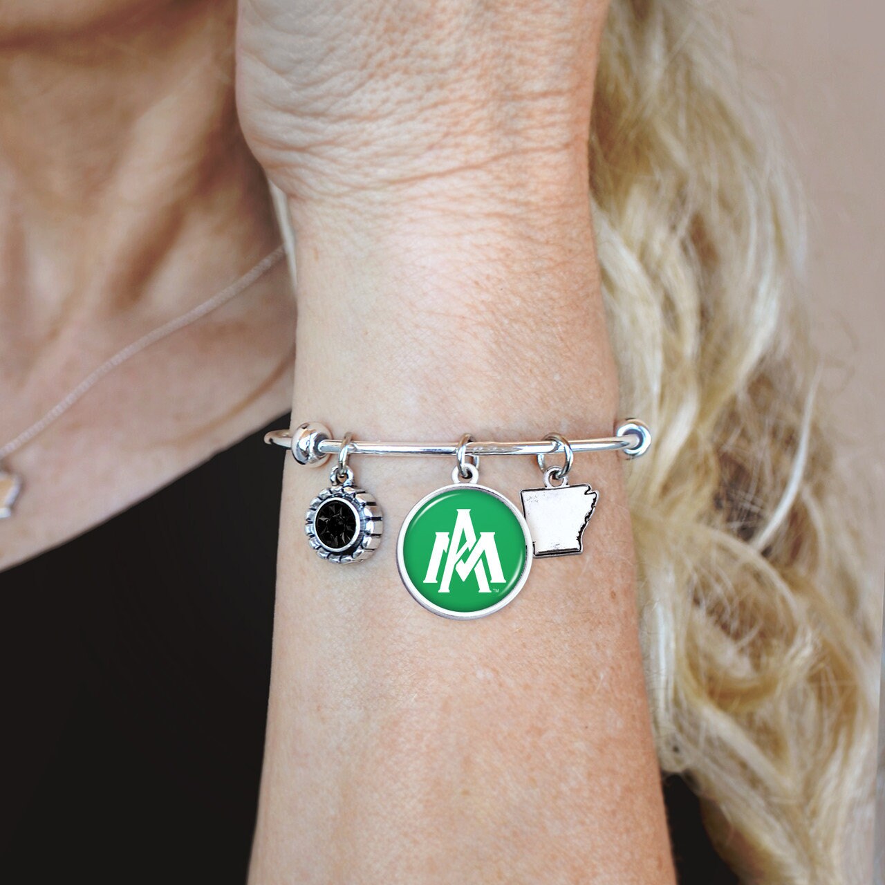 Officially Licensed Arkansas-Monticello Boll Weevils Bracelet - Triple Charm Bracelet Crystal Arkansas State Pewter Charms Sterling Plated