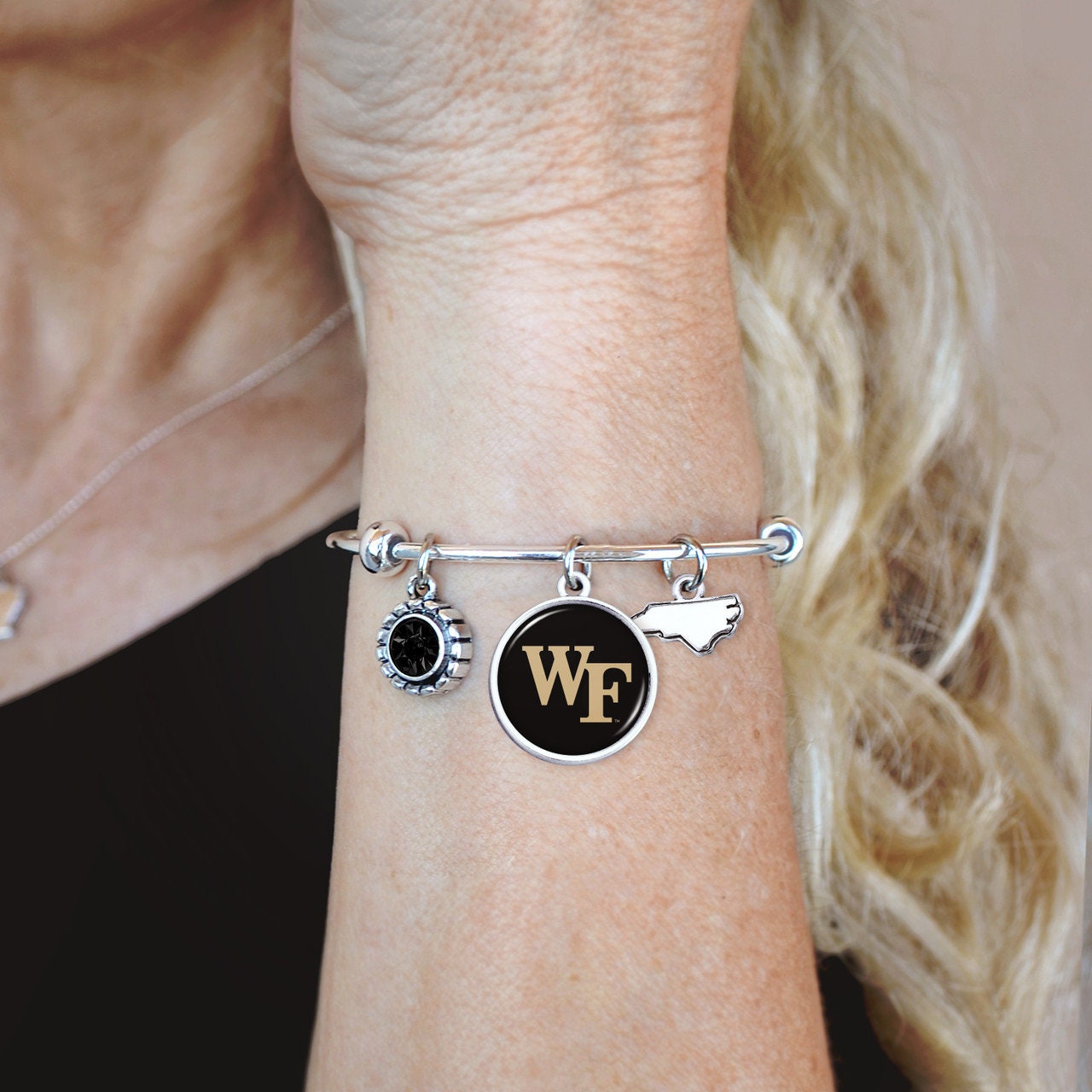 Officially Licensed WAKE FOREST Demon Deacons Bracelet - Triple Charm Bracelet Crystal North Carolina State Pewter Charms Sterling Plated