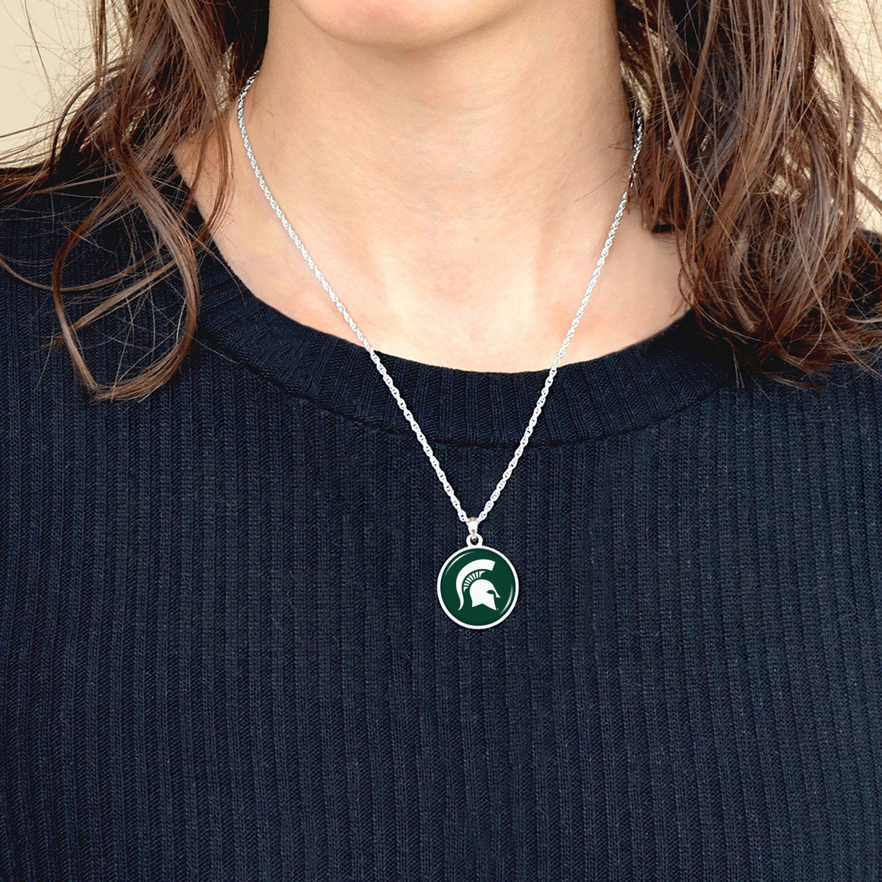 Officially Licensed MICHIGAN STATE SPARTANS Necklace - Pewter Charm Sterling Plated - Michigan State University