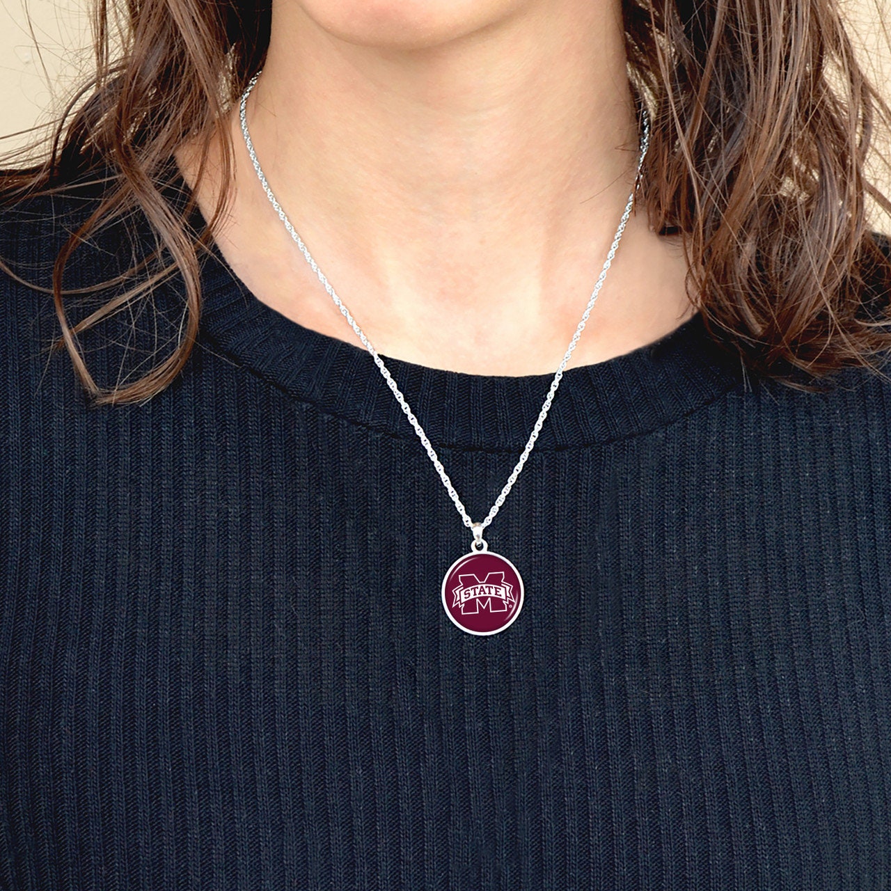 Officially Licensed MISSISSIPPI BULLDOGS Necklace - Pewter Charm Sterling Plated - Mississippi State University