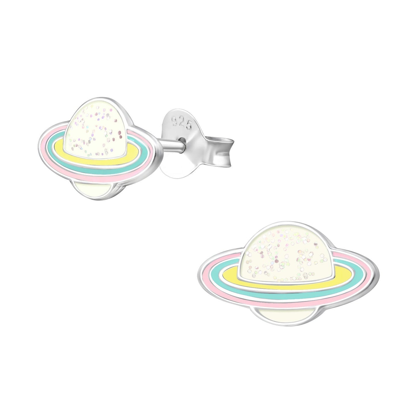 925 Sterling Silver Earrings Planet with Rings - Ear Studs with Backing - Epoxy - Pink Blue Yellow - Hypoallergenic Earrings