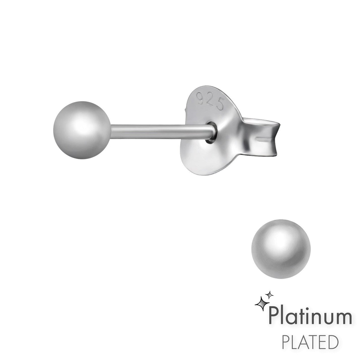 925 Sterling Silver Earrings Ball Stud Earrings - 3mm - Round Ball Stud with Backing - Hypoallergenic Earrings