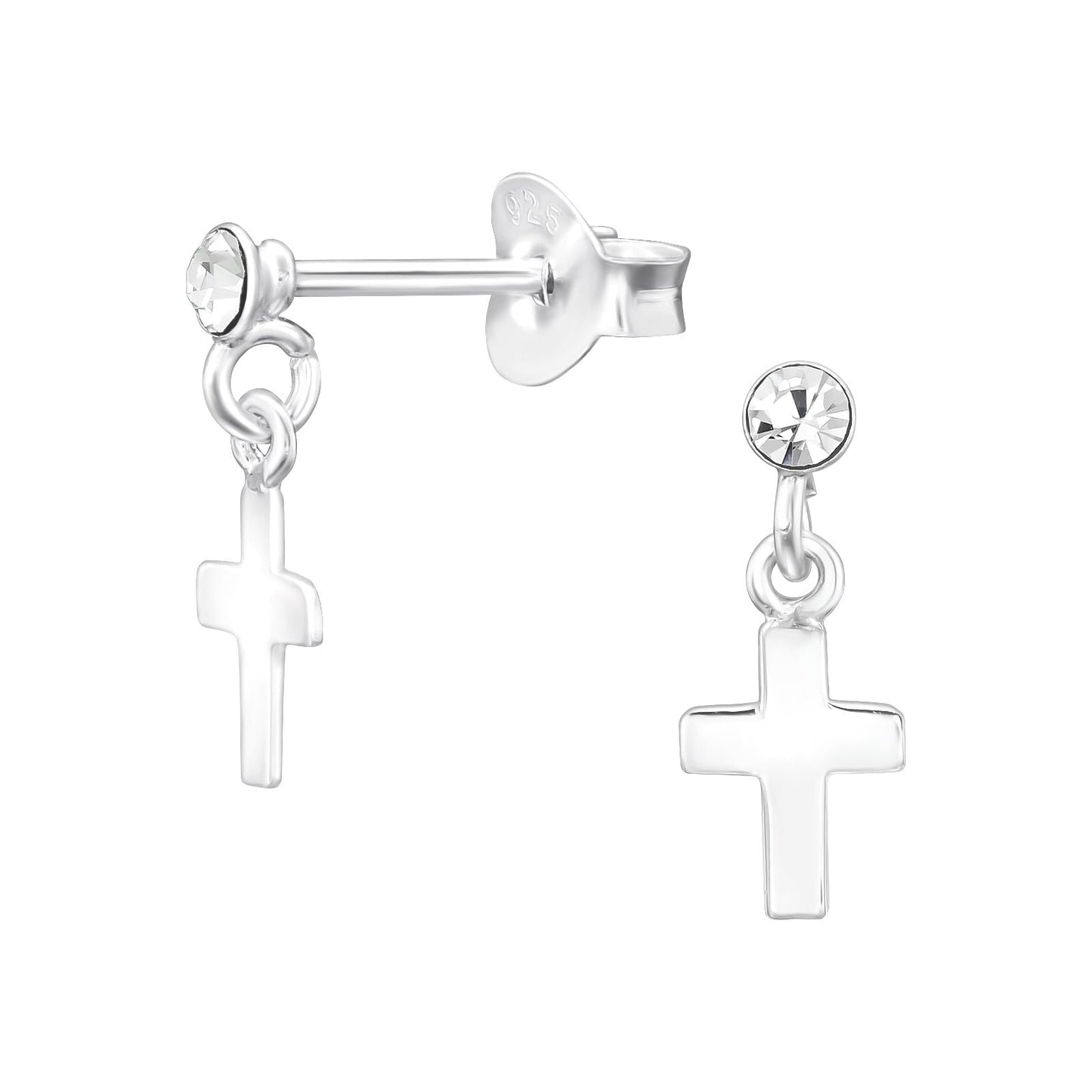 925 Sterling Silver Earrings Cross Ear Studs with Crystal - Ear Stud with Backing - Dangle Earring - Christian Cross Hypoallergenic Earrings