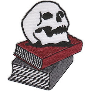 Skull On Books Patch - 3x3.5 Inch - Skeleton Stack of Books Embroidered Patch Applique Craft Supply
