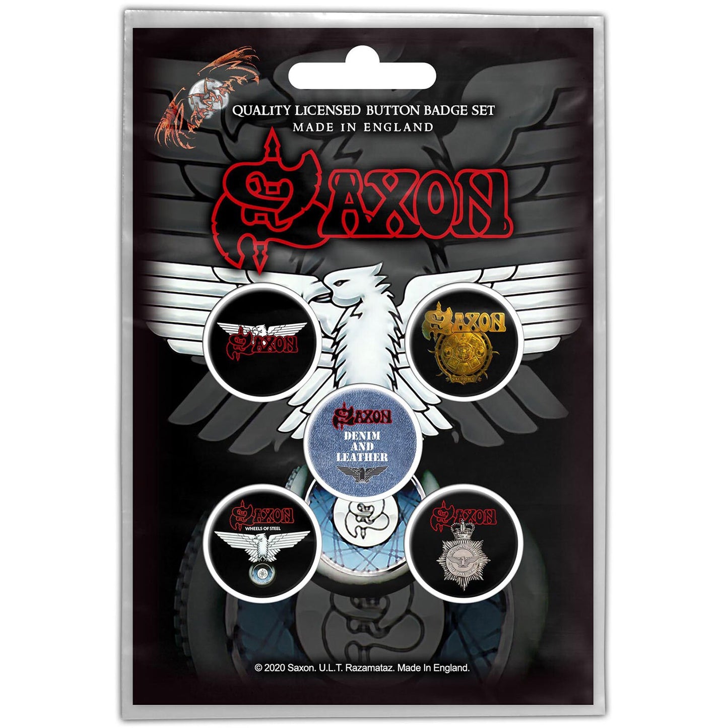 SAXON Button Badge 5 Piece Set - Each Badge Approx 1 Inch - Saxon Wheels Of Steel - Pinback Badge Button Pack Set - Craft Supply