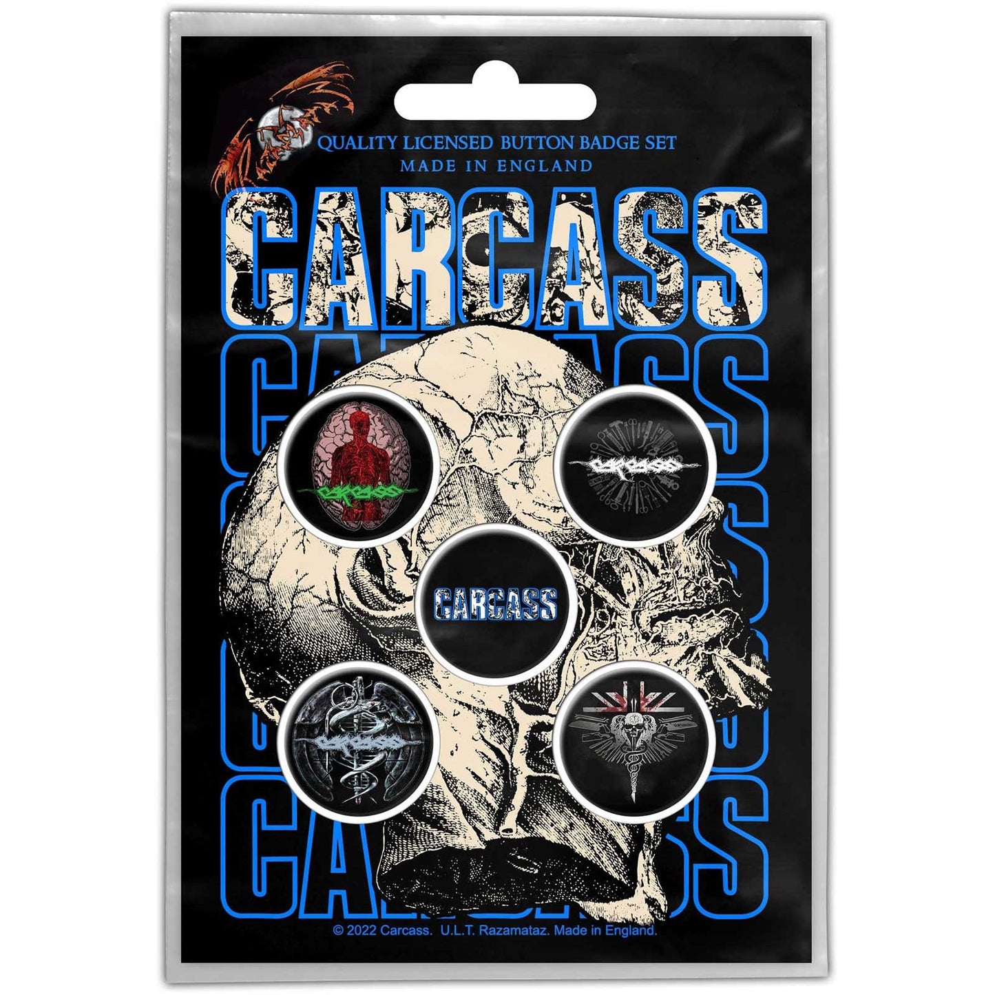 CARCASS Button Badge 5 Piece Set - Each Badge Approx 1 Inch - Carcass Necro Head - Pinback Badge Button Pack Set