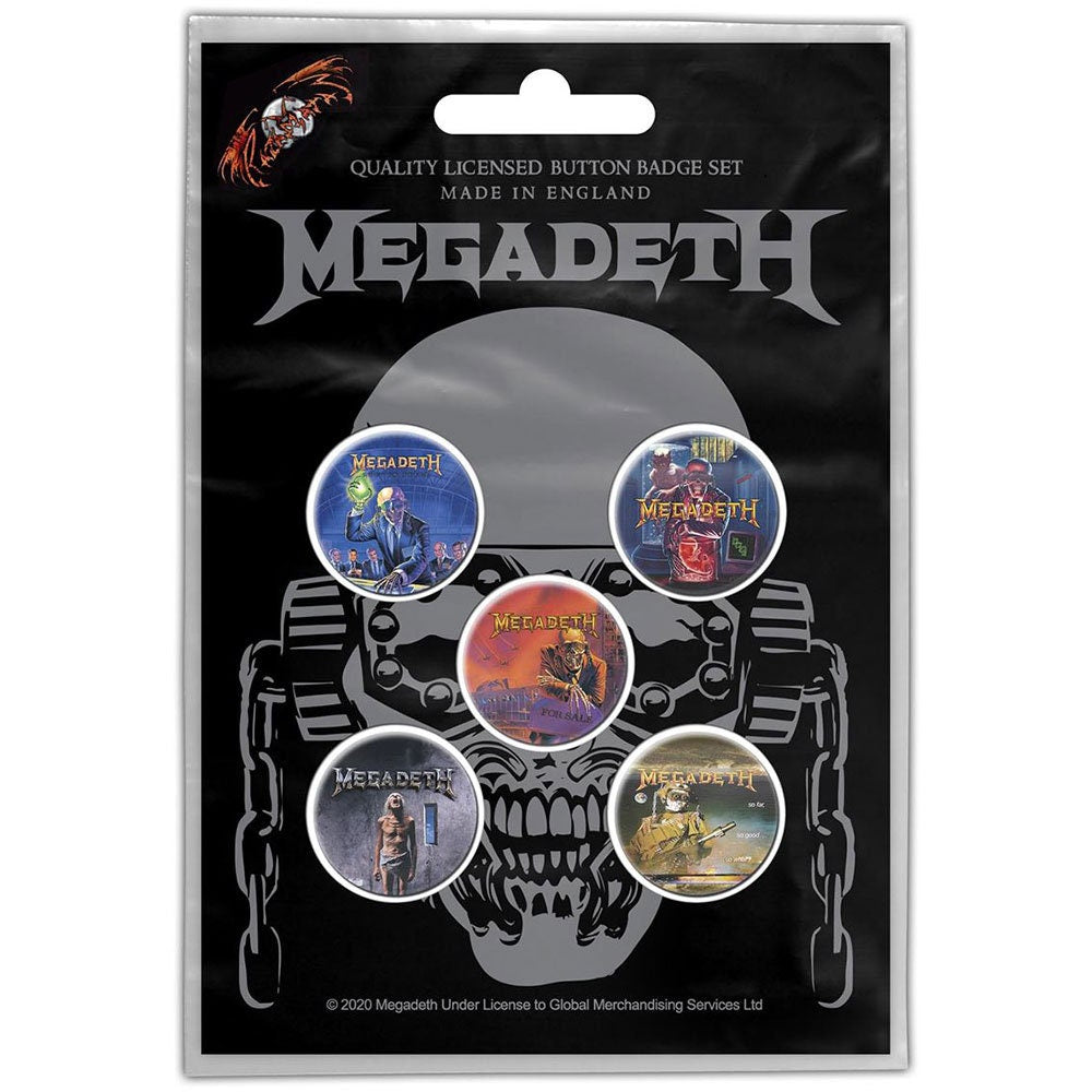 MEGADETH Button Badge 5 Piece Set - Each Badge Approx 1 Inch - Megadeth Vic Rattlehead - Pinback Badge Button Pack Set