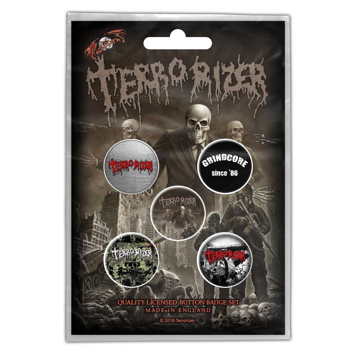 TERRORIZER Button Badge 5 Piece Set - Each Badge Approx 1 Inch - Terrorizer Caustic Attack - Pinback Badge Button Pack Set