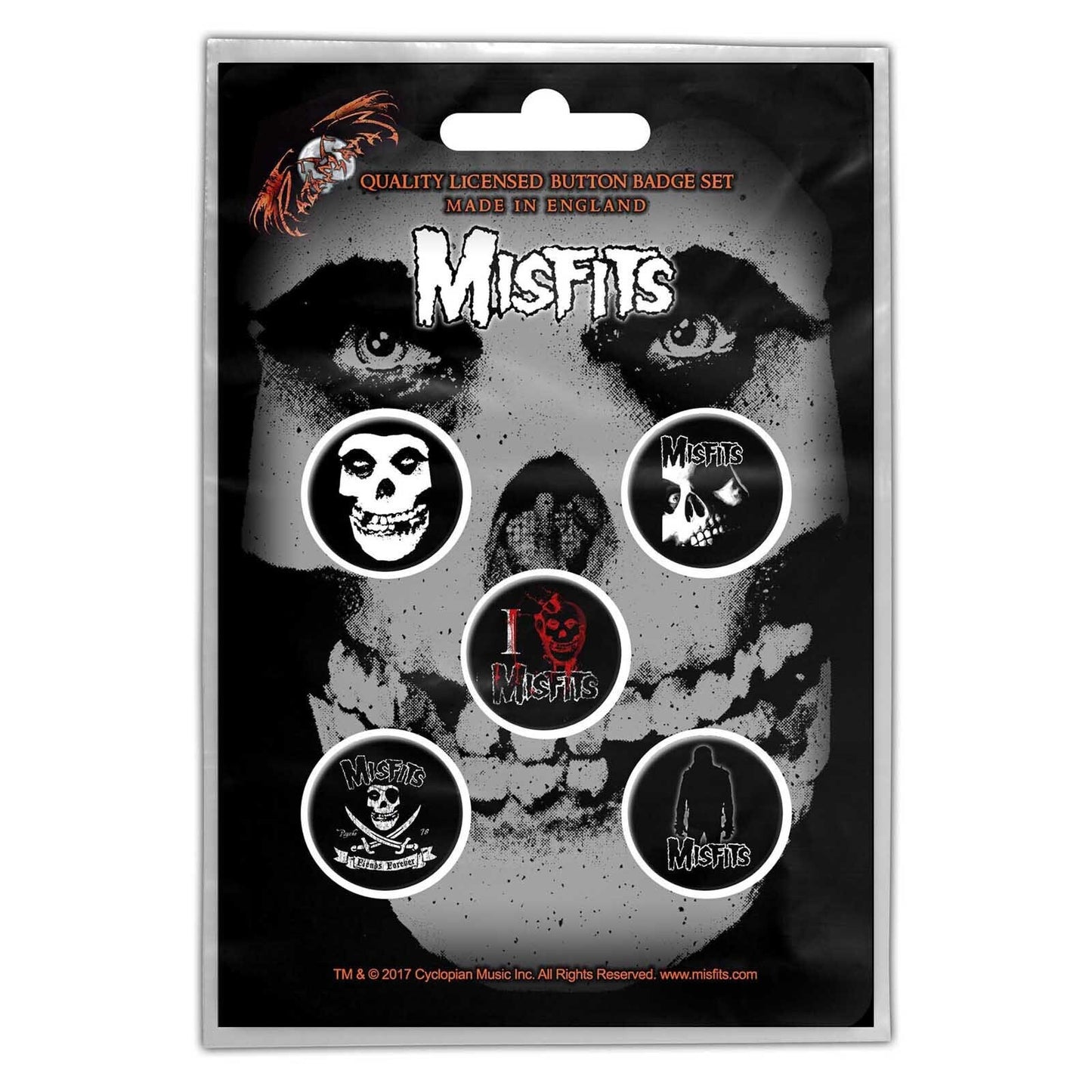 MISFITS Button Badge 5 Piece Set - Each Badge Approx 1 Inch - Misfits Skull Designs Rock Band - Pinback Badge Button Pack Set