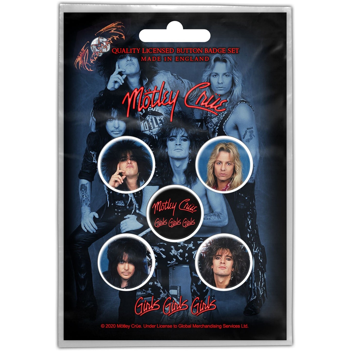 MOTLEY CRUE Button Badge 5 Piece Set - Each Badge Approx 1 Inch - Girls, Girls, Girls Heavy Metal Band - Pinback Badge Button Pack Set
