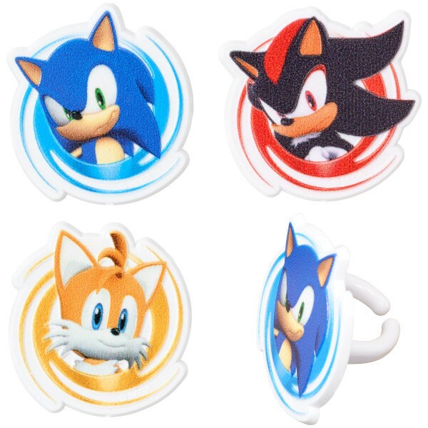 12 SONIC THE HEDGEHOG Cupcake Rings - Character Shape Sonic, Tails and Shadow Cake Toppers for Birthday Party Decoration Craft Supply
