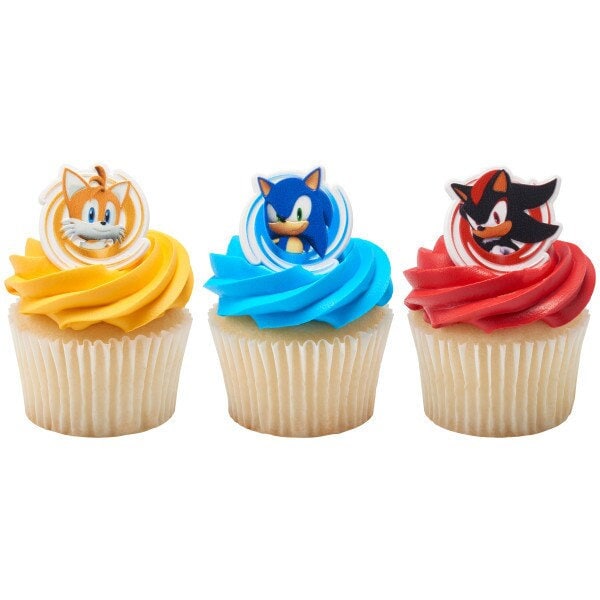 12 SONIC THE HEDGEHOG Cupcake Rings - Character Shape Sonic, Tails and Shadow Cake Toppers for Birthday Party Decoration Craft Supply