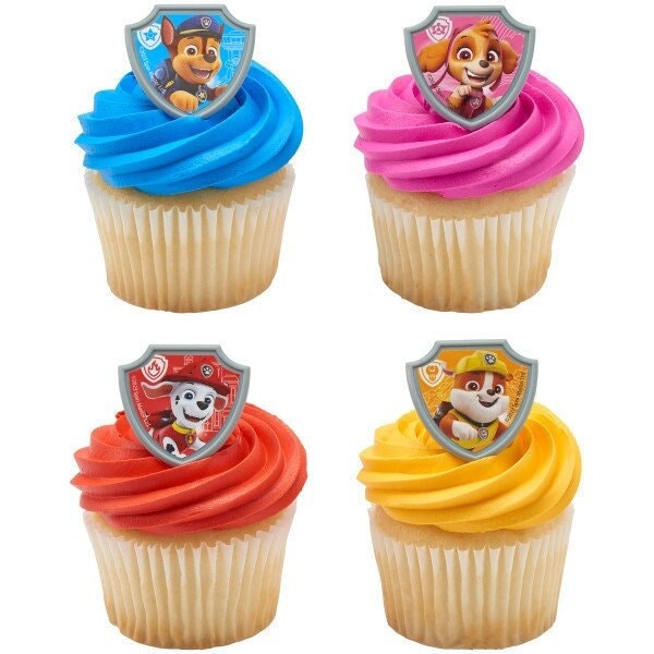 12 PAW PATROL Cupcake Rings - Reporting for Duty Movie Dogs Chase Rocky Skye Zuma Cake Toppers Birthday Party Decoration Craft Supply