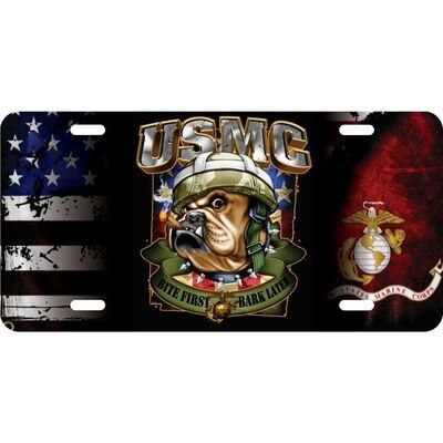 MARINES Bull Dog Bite First Metal License Plate - United States Marines USMC Bulldog Bark Later EGA American Flag Craft Supply