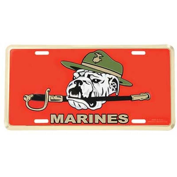 MARINES Bull Dog Metal License Plate - United States Marines USMC Bulldog with Sword EGA Red Background Craft Supply