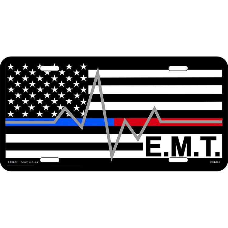 EMT Thin Red Line Thin Blue Line Metal License Plate - Fire Dept Police EMS First Responder Craft Supply
