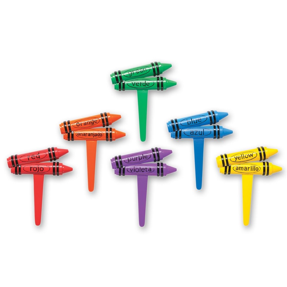 12 Crayon Cupcake Picks Bilingual Rings Cake Toppers for School Birthday Party