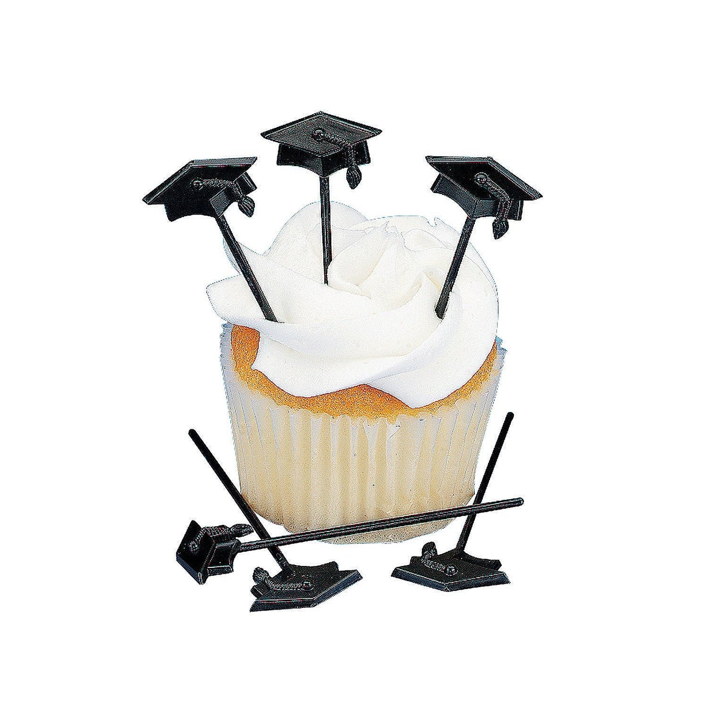 12 Black Graduation Cupcake Picks Metallic Hat Grad Toppers Party Diploma Cap
