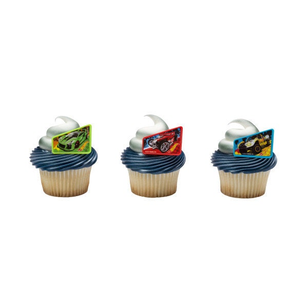 12 HOT WHEELS Way 2 Fast Cupcake Rings Cake Toppers for Birthday Party Decoration