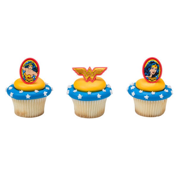 12 WONDER WOMAN Cupcake Rings Cake Toppers for Birthday Party Decoration Craft Supply