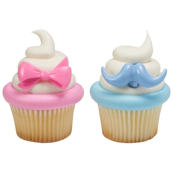 12 BOW AND MUSTACHE Cupcake Rings Cake Toppers for Birthday Party Decoration