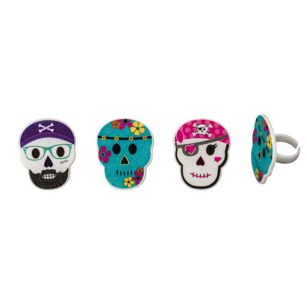 12 SKULL Cupcake Rings Various Characters Pirate Cake Toppers for Birthday Party Decoration