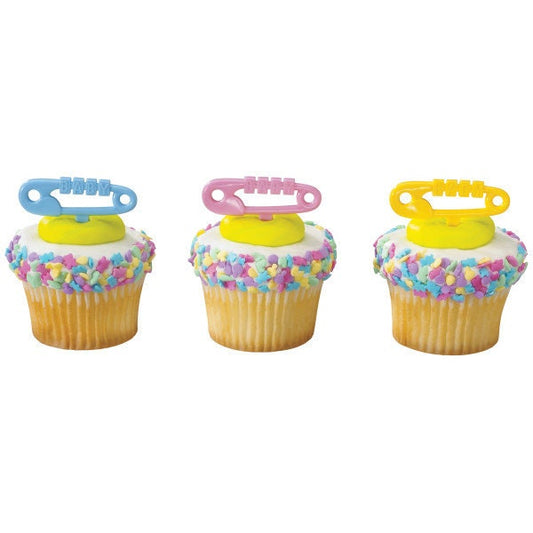12 BABY DIAPER PINS Cupcake Picks Cake Toppers for Baby Shower Boy Girl Party Decoration