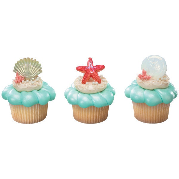 12 SEA SHELLS Cupcake Rings Cake Toppers Under the Sea Beach Ocean Party Decoration