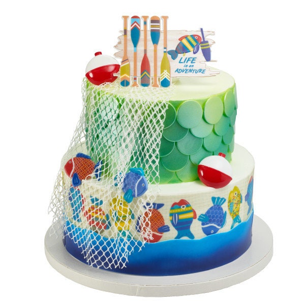 12 FISH LURE BOBBERS Cupcake Rings Cake Toppers Bait Fish Pole Birthday Party Decoration